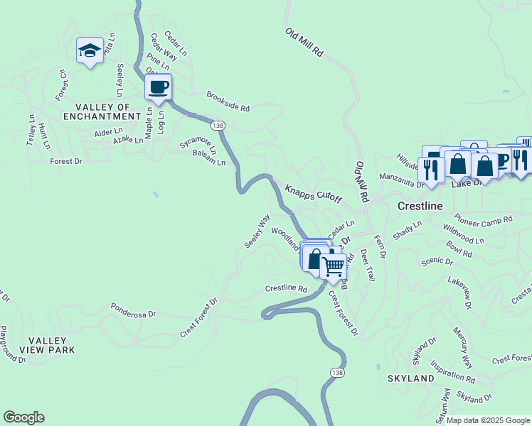 map of restaurants, bars, coffee shops, grocery stores, and more near 614 Lane's End Trail in Crestline