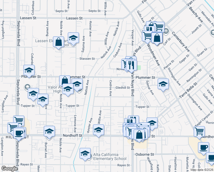 map of restaurants, bars, coffee shops, grocery stores, and more near 14703 Gledhill Street in Los Angeles