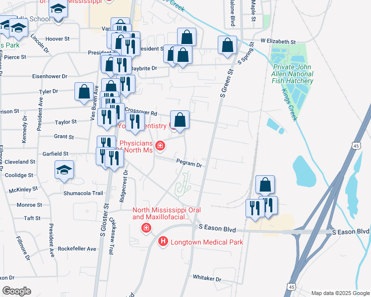 map of restaurants, bars, coffee shops, grocery stores, and more near 801-897 S Madison St in Tupelo