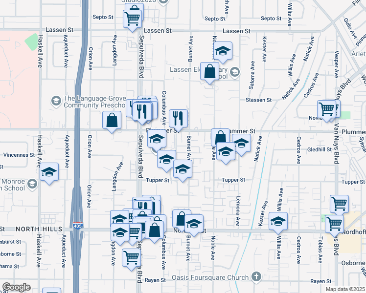 map of restaurants, bars, coffee shops, grocery stores, and more near 15220 Plummer Street in Los Angeles