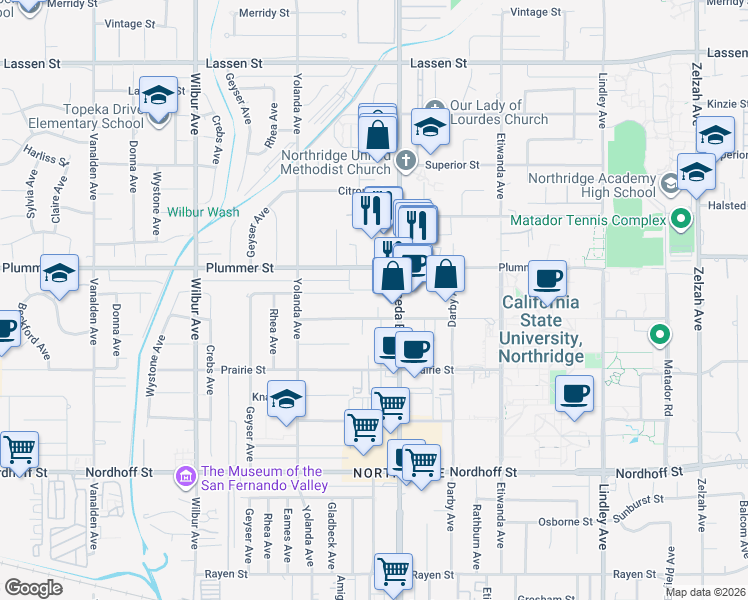 map of restaurants, bars, coffee shops, grocery stores, and more near 9423 Reseda Blvd in Northridge