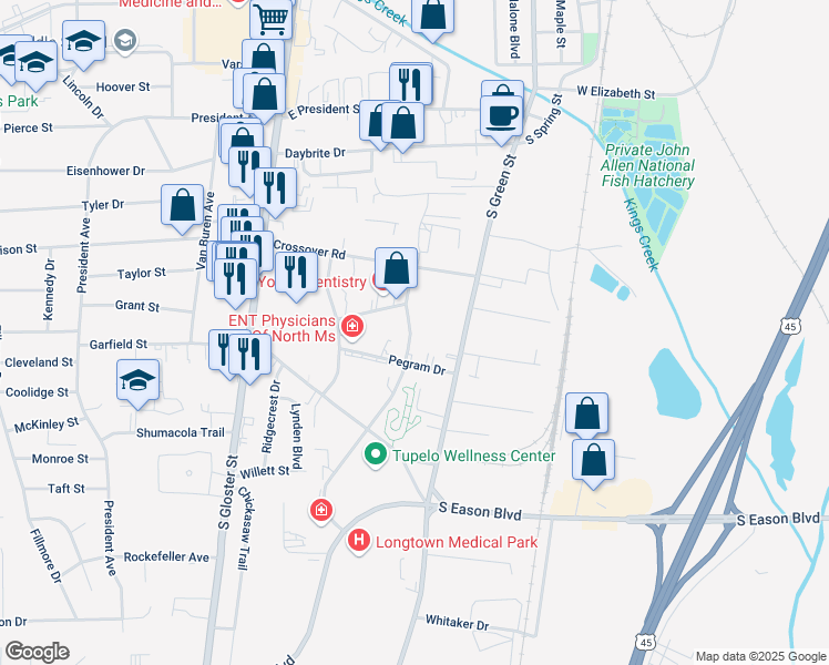 map of restaurants, bars, coffee shops, grocery stores, and more near 897 S Madison St in Tupelo
