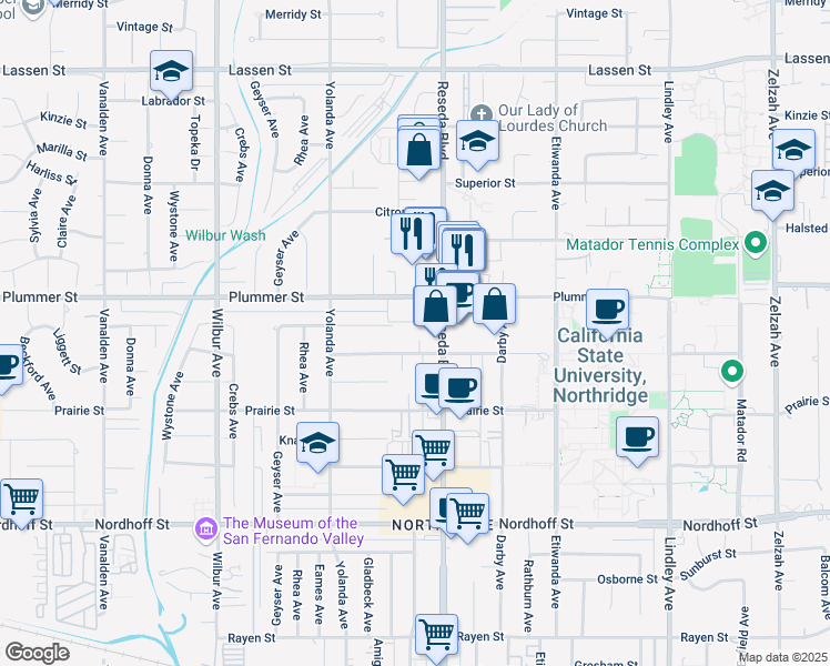 map of restaurants, bars, coffee shops, grocery stores, and more near 18540 Plummer Street in Los Angeles