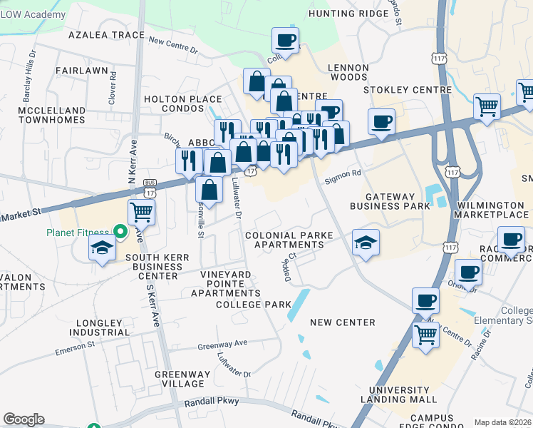 map of restaurants, bars, coffee shops, grocery stores, and more near 5126 Lamppost Circle in Wilmington