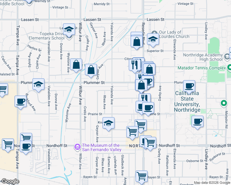 map of restaurants, bars, coffee shops, grocery stores, and more near 18701 Gledhill Street in Los Angeles