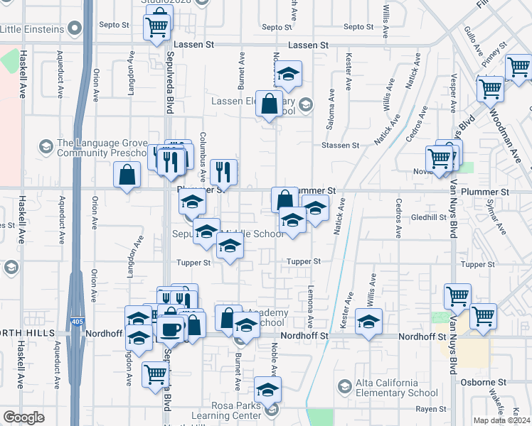 map of restaurants, bars, coffee shops, grocery stores, and more near 9427 Noble Avenue in Los Angeles