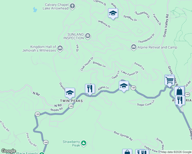 map of restaurants, bars, coffee shops, grocery stores, and more near Club House Drive in Lake Arrowhead