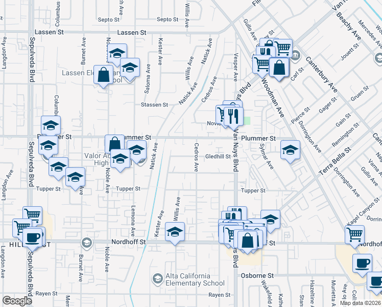 map of restaurants, bars, coffee shops, grocery stores, and more near 14703 Gledhill Street in Los Angeles