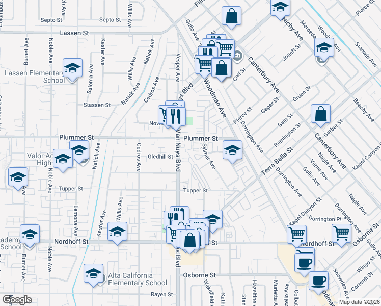 map of restaurants, bars, coffee shops, grocery stores, and more near 14529 Daisy Drive in Los Angeles