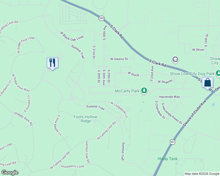 map of restaurants, bars, coffee shops, grocery stores, and more near 2980 West Whipple Street in Show Low