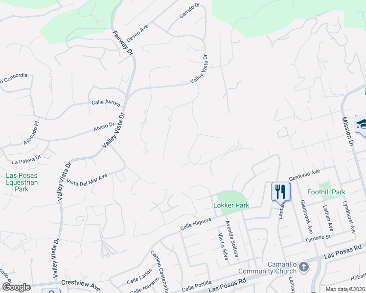 map of restaurants, bars, coffee shops, grocery stores, and more near 136 Cerro Crest Drive in Camarillo