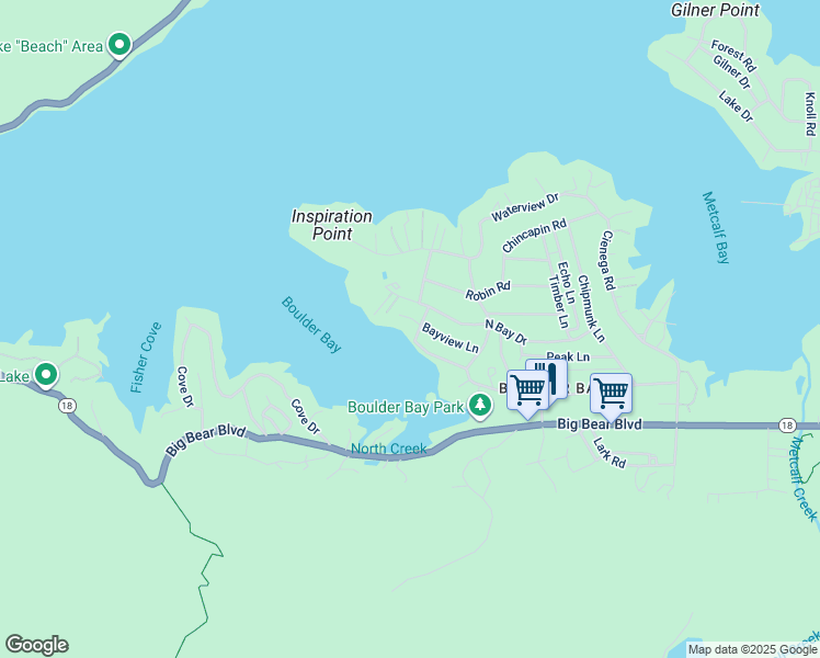 map of restaurants, bars, coffee shops, grocery stores, and more near 38961 Bayview Lane in Big Bear Lake