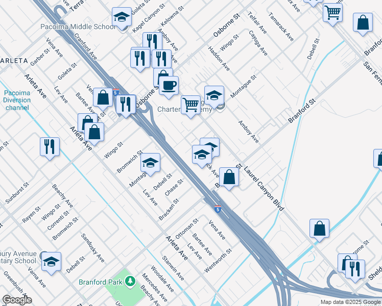 map of restaurants, bars, coffee shops, grocery stores, and more near 13068 Mineola Street in Los Angeles