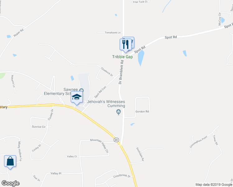 map of restaurants, bars, coffee shops, grocery stores, and more near 1605 Doctor Bramblett Road in Cumming