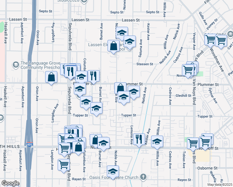 map of restaurants, bars, coffee shops, grocery stores, and more near Noble Avenue in Los Angeles