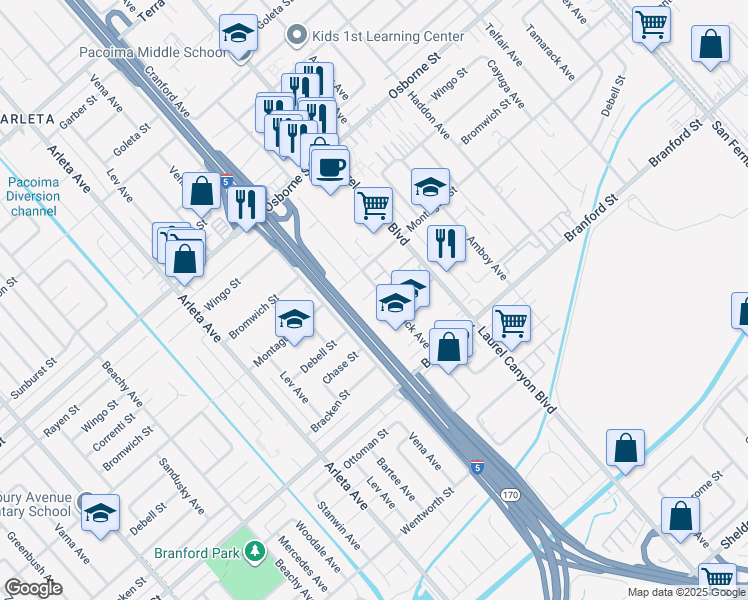 map of restaurants, bars, coffee shops, grocery stores, and more near 13068 Mineola Street in Los Angeles