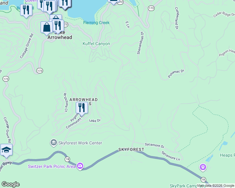 map of restaurants, bars, coffee shops, grocery stores, and more near 642 Rosequartz Drive in Lake Arrowhead