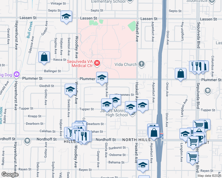 map of restaurants, bars, coffee shops, grocery stores, and more near 15944 Gledhill Street in Los Angeles