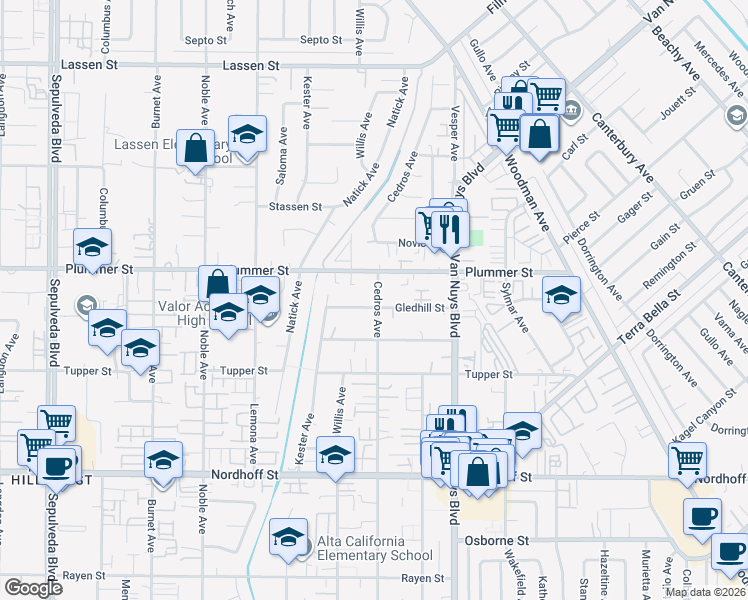 map of restaurants, bars, coffee shops, grocery stores, and more near 14703 Gledhill Street in Los Angeles
