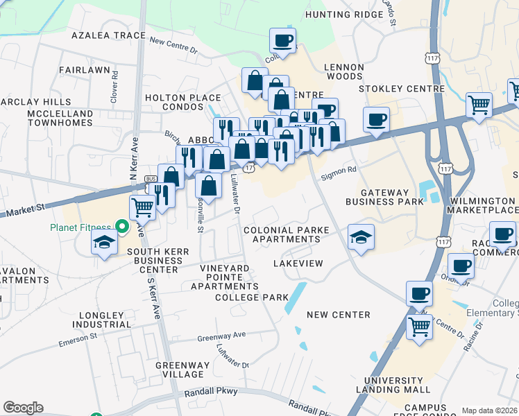 map of restaurants, bars, coffee shops, grocery stores, and more near 5144 Lamppost Circle in Wilmington