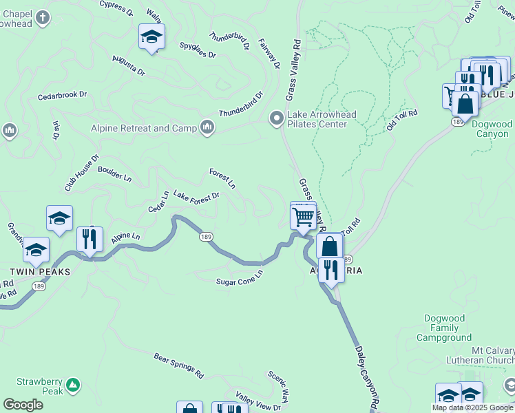 map of restaurants, bars, coffee shops, grocery stores, and more near 26582 Lake Forest Drive in Lake Arrowhead