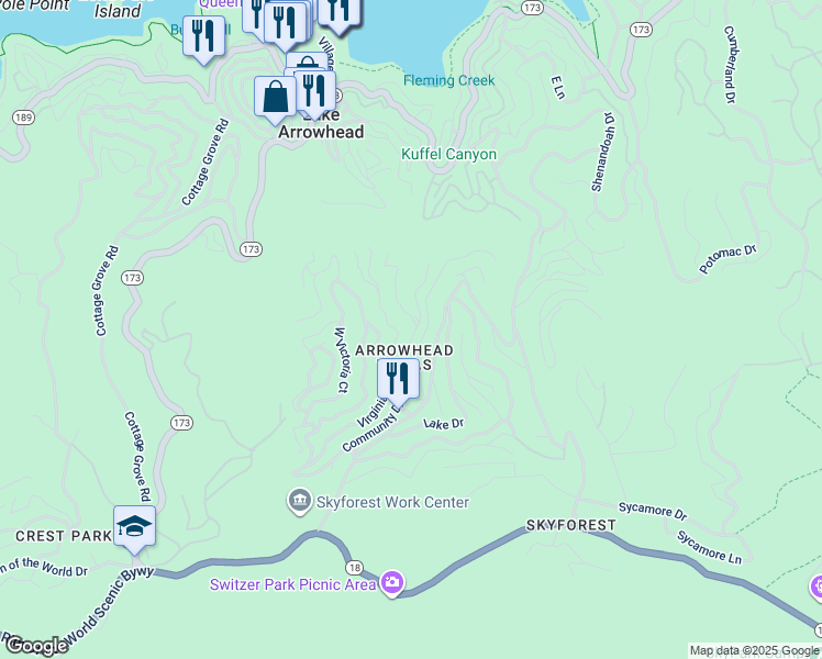 map of restaurants, bars, coffee shops, grocery stores, and more near Community Drive in Lake Arrowhead