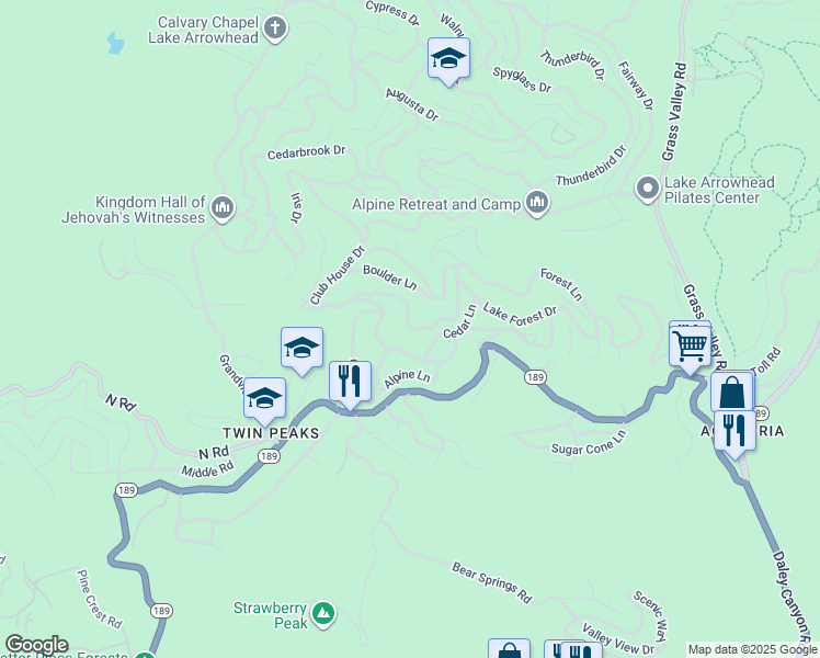 map of restaurants, bars, coffee shops, grocery stores, and more near Rose Lane in Lake Arrowhead
