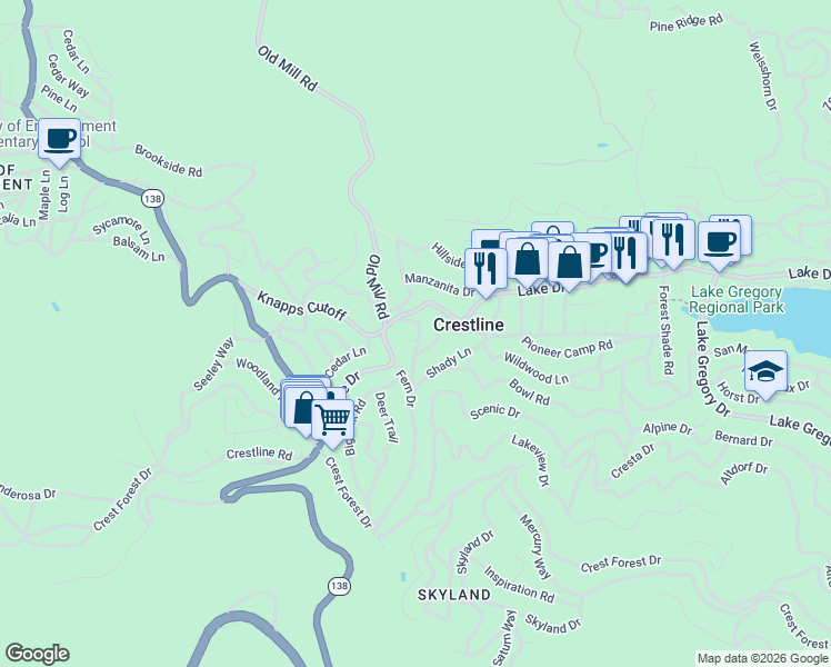 map of restaurants, bars, coffee shops, grocery stores, and more near 620 Rose Hill Drive in Crestline