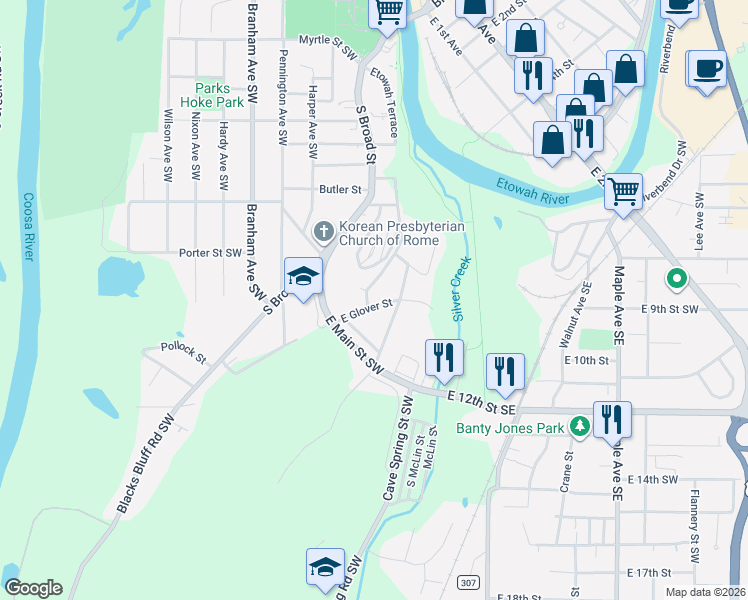 map of restaurants, bars, coffee shops, grocery stores, and more near 17 East Glover Street in Rome