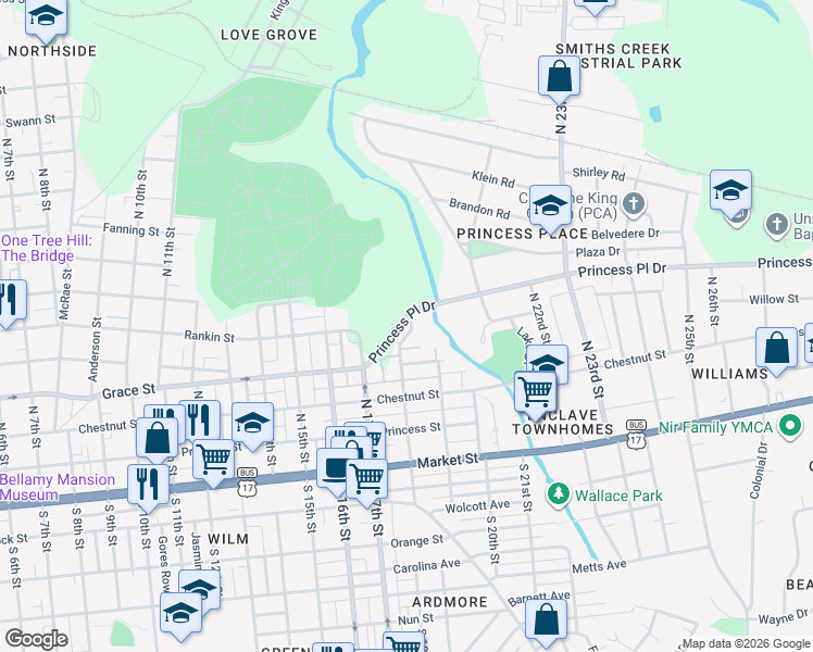 map of restaurants, bars, coffee shops, grocery stores, and more near 1721-1899 Princess Pl Dr in Wilmington