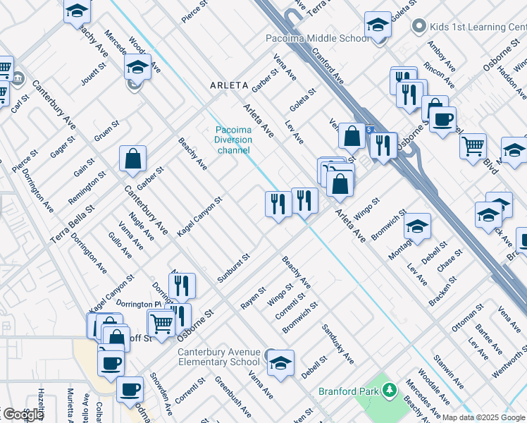 map of restaurants, bars, coffee shops, grocery stores, and more near 13655 Bonanza Street in Los Angeles