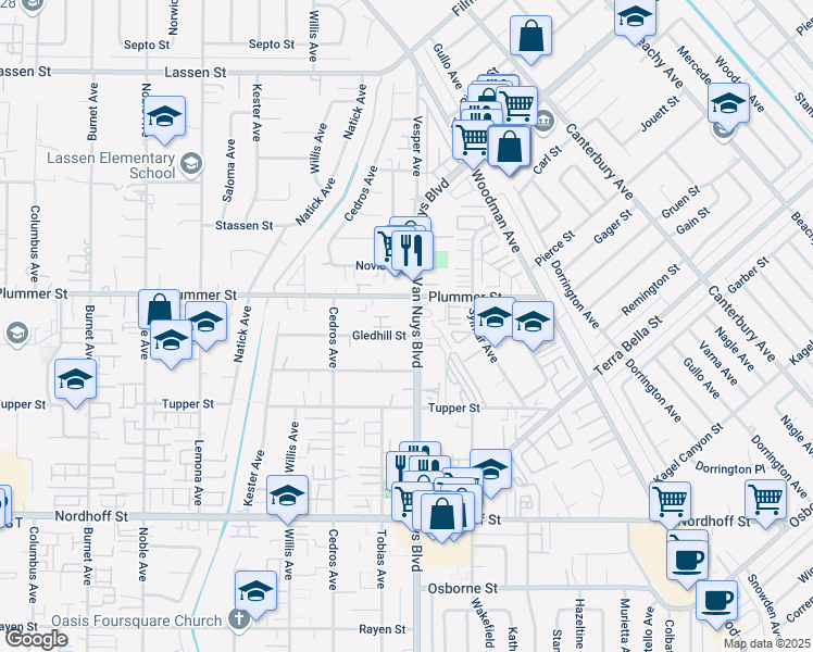 map of restaurants, bars, coffee shops, grocery stores, and more near 14602 Plummer Street in Los Angeles