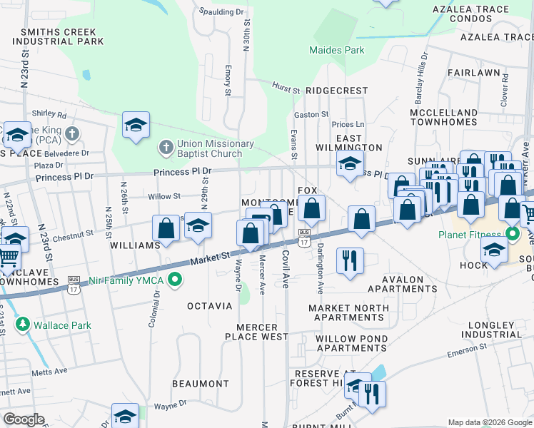 map of restaurants, bars, coffee shops, grocery stores, and more near 113 North 31st Street in Wilmington