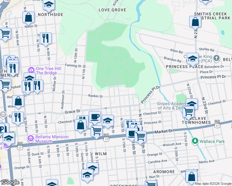 map of restaurants, bars, coffee shops, grocery stores, and more near 409 North 15th Street in Wilmington