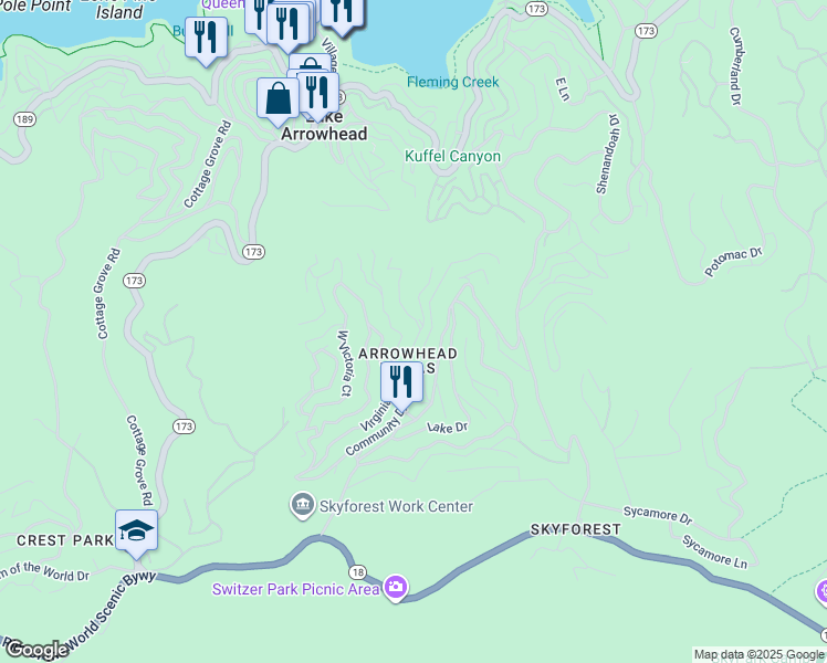 map of restaurants, bars, coffee shops, grocery stores, and more near 630 Community Drive in Lake Arrowhead