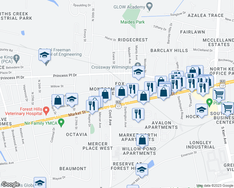 map of restaurants, bars, coffee shops, grocery stores, and more near 101 Clay Street in Wilmington
