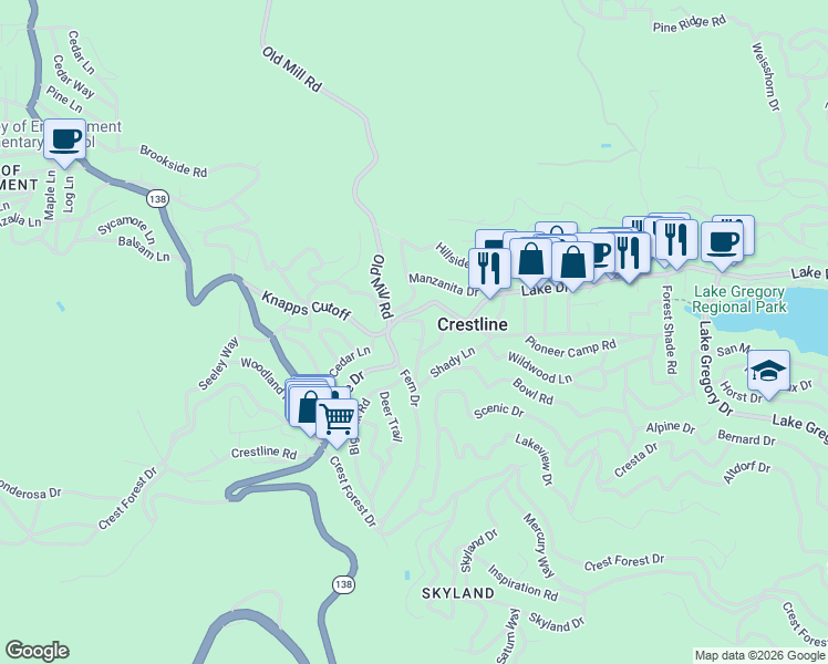 map of restaurants, bars, coffee shops, grocery stores, and more near 638 Rose Hill Drive in Crestline