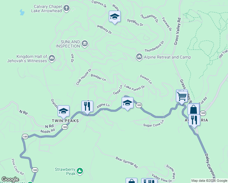map of restaurants, bars, coffee shops, grocery stores, and more near 644 Cedar Lane in Twin Peaks