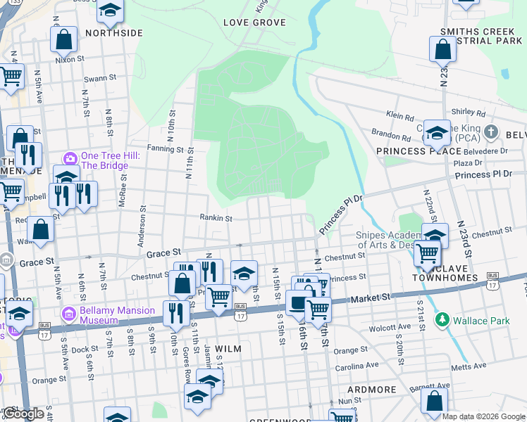 map of restaurants, bars, coffee shops, grocery stores, and more near 409 North 15th Street in Wilmington