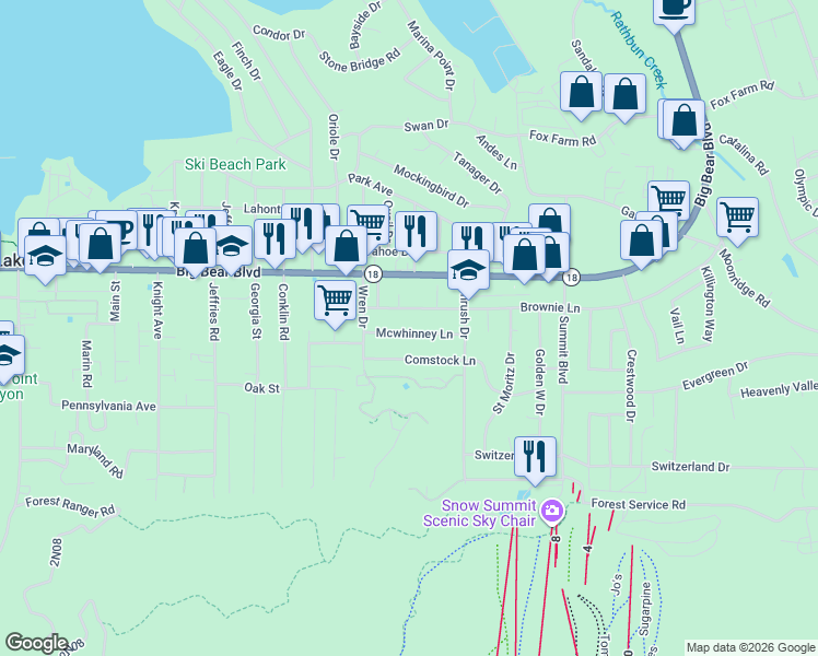 map of restaurants, bars, coffee shops, grocery stores, and more near 41602 Mcwhinney Lane in Big Bear Lake