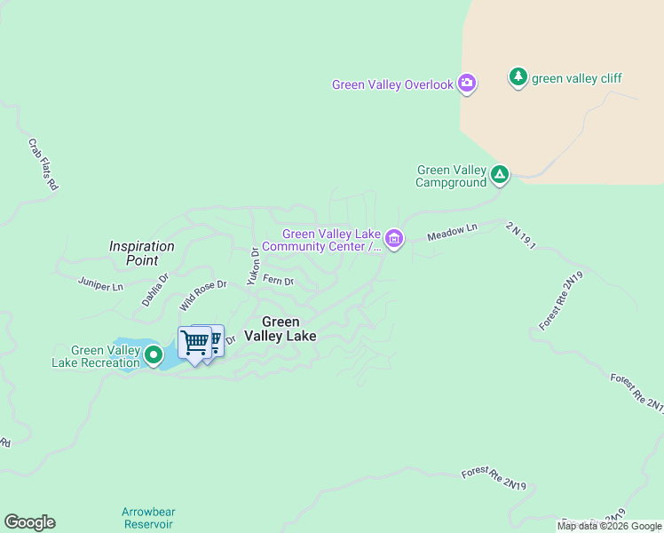 map of restaurants, bars, coffee shops, grocery stores, and more near 33536 Weeping Willow Drive in Green Valley Lake
