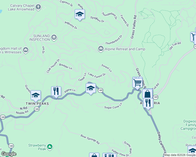 map of restaurants, bars, coffee shops, grocery stores, and more near 26442 Lake Forest Drive in Twin Peaks