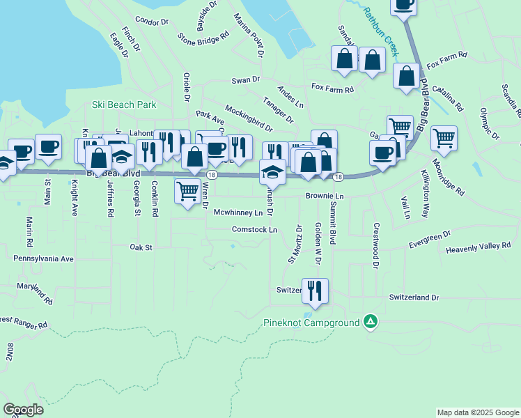 map of restaurants, bars, coffee shops, grocery stores, and more near 41647 Brownie Lane in Big Bear Lake