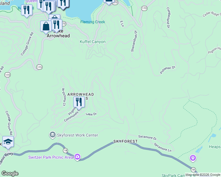 map of restaurants, bars, coffee shops, grocery stores, and more near 628 South Kuffel Canyon Road in Lake Arrowhead