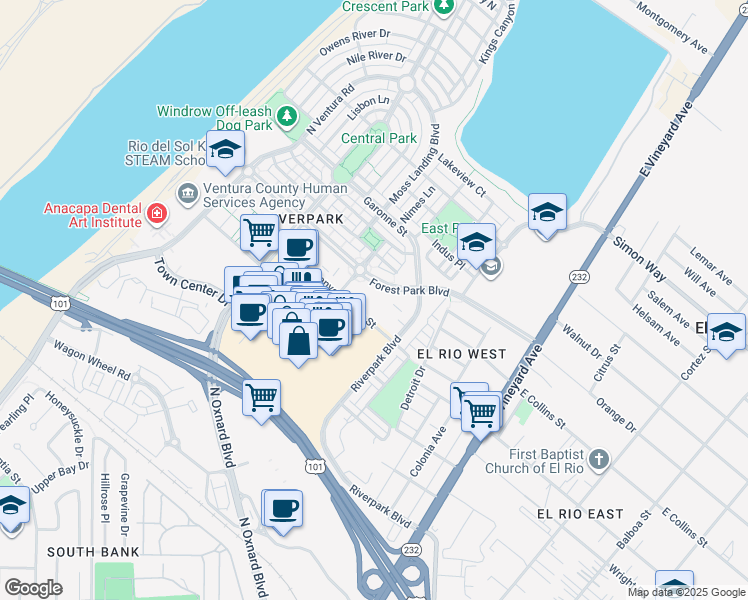 map of restaurants, bars, coffee shops, grocery stores, and more near 421 Forest Park Boulevard in Oxnard