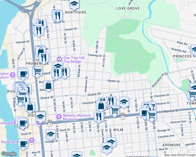 map of restaurants, bars, coffee shops, grocery stores, and more near 1011 Rankin Street in Wilmington
