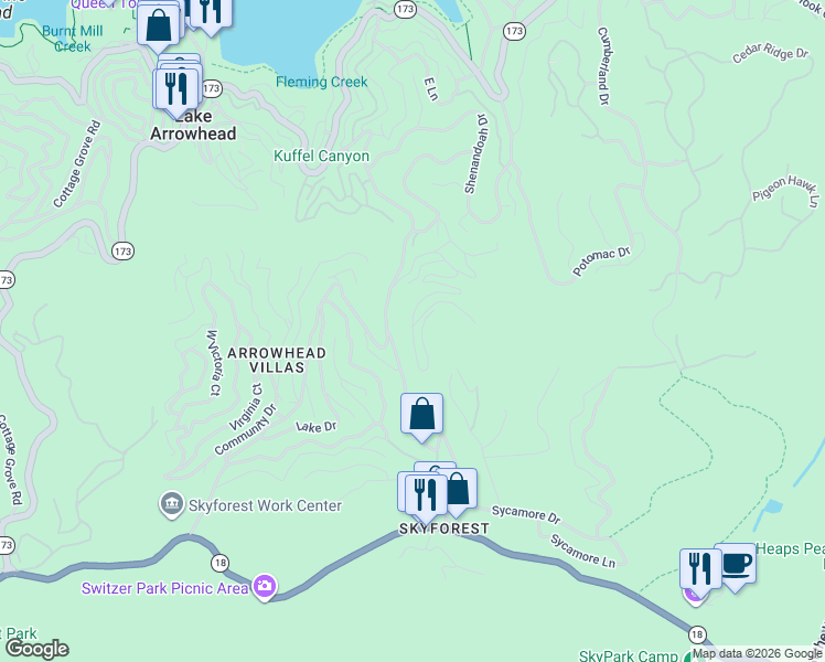 map of restaurants, bars, coffee shops, grocery stores, and more near Lakewood Road in Lake Arrowhead