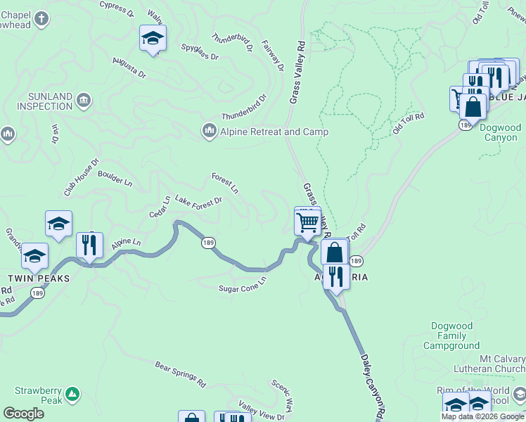 map of restaurants, bars, coffee shops, grocery stores, and more near 26582 Lake Forest Drive in Lake Arrowhead