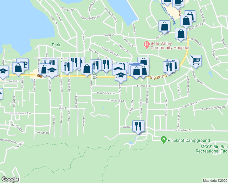 map of restaurants, bars, coffee shops, grocery stores, and more near 41664 Mcwhinney Lane in Big Bear Lake