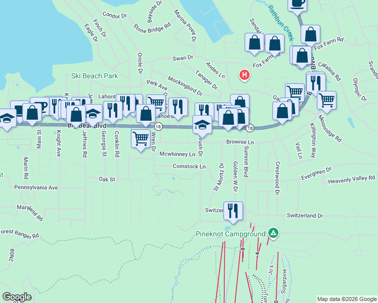 map of restaurants, bars, coffee shops, grocery stores, and more near 41647 Brownie Lane in Big Bear Lake